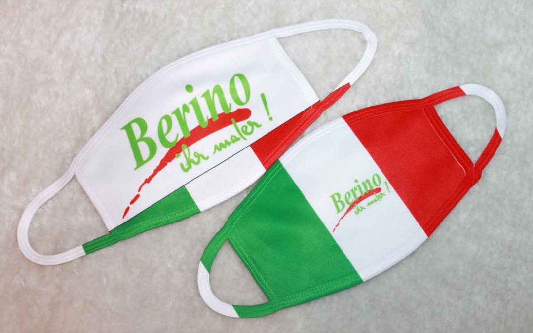 Mund-Nasenmasken mit Aufdruck der Firma Berino - ihr maler! mit den Farben der italienischen Flagge Grün-Weiß und Rot